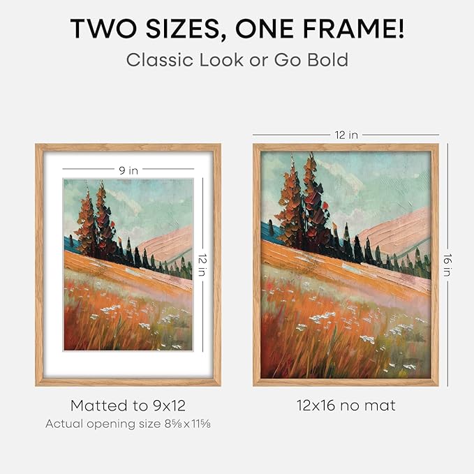 Homeforia 12x16 Wood Frame, High End Natural Oak 12x16 Light Wooden Picture Frame with Mat 9x12, 12 x 16 Poster Frames Matted to 9 by 12 Photo, 16x12 Hanging Frames, Tempered Glass, Wall Kit, Set of 1