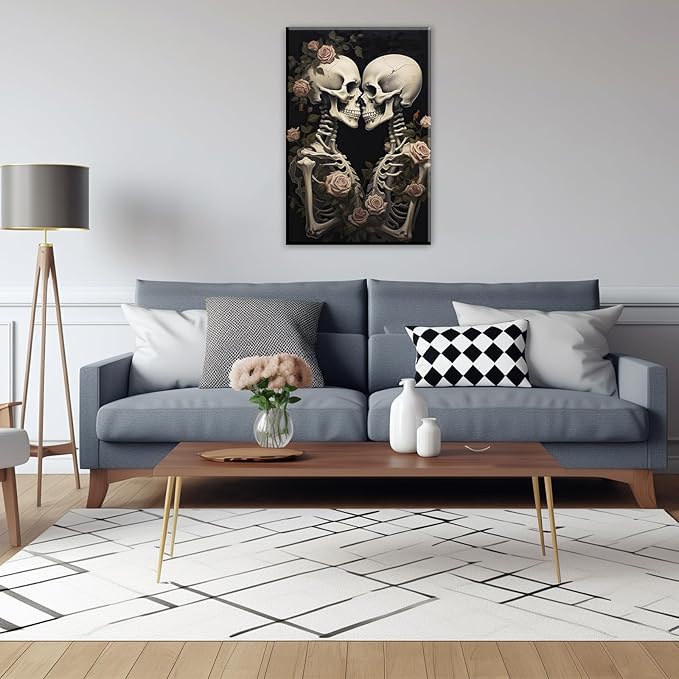 OAAPITI Vintage Skeleton Canvas Wall Art Gothic Painting Artwork Retro Rose Skull Art Poster Abstract Romantic Theme Picture Halloween Living Room Decor(Artwork-4,12"x18")