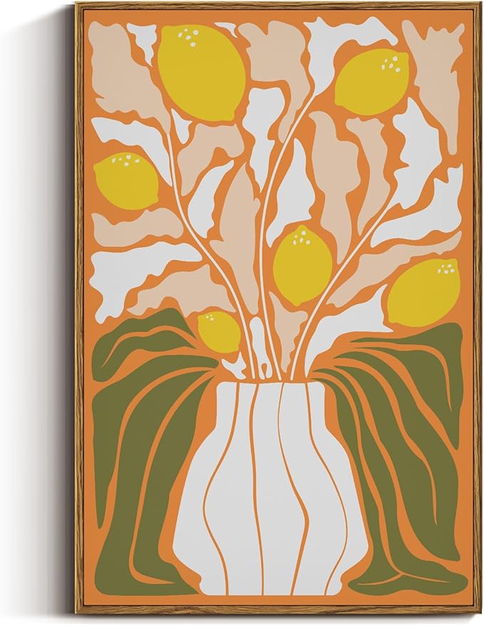 VIYYIEA Framed Canvas Wall Art, Large Flowers Wall Art for Living Room, Abstract Boho Print Paintings, Illustration Home Office Decor, Bedroom Wall Decor -【Lemon Flourish】-(24"x36")