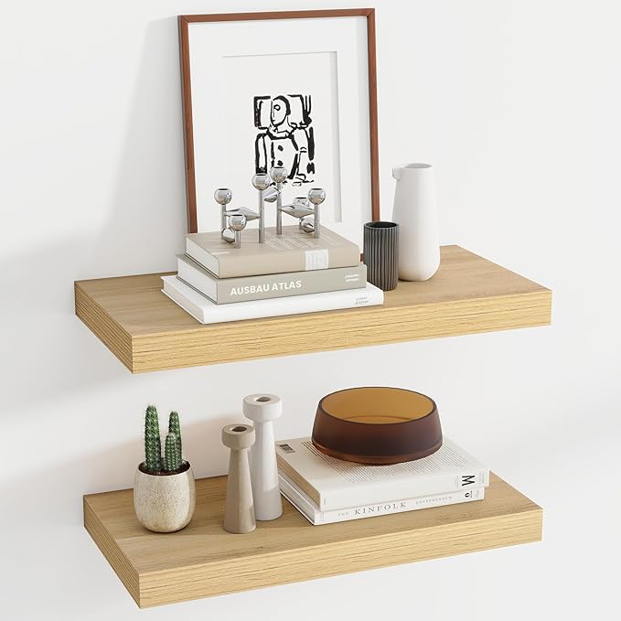 24 Inch Floating Shelves, 11.6 Inch Deep Floating Shelves for Wall, Floating Shelf with Invisible Brackets, Deep Shelves for Bathroom, Bedroom, Living Room, 2 Pack, Natural