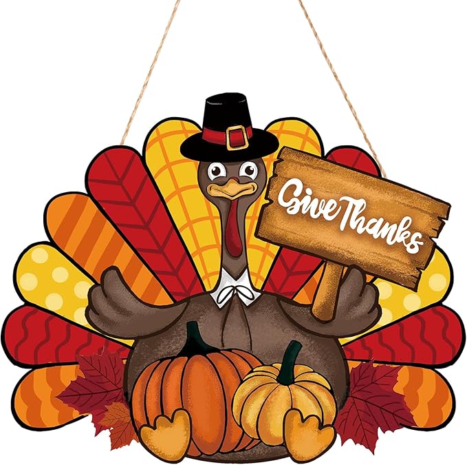 Thanksgiving Decoration Wooden Turkey Pumpkin Door Wreath for Front Door Sign Wall Signs, Thankful Blessed Grateful Pumpkin Sign Hanging for Fall Autumn Harvest Home Halloween Decoration