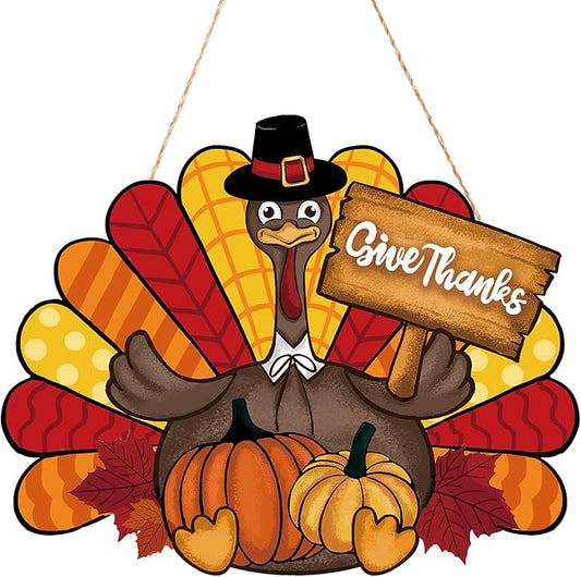 Thanksgiving Decoration Wooden Turkey Pumpkin Door Wreath for Front Door Sign Wall Signs, Thankful Blessed Grateful Pumpkin Sign Hanging for Fall Autumn Harvest Home Halloween Decoration