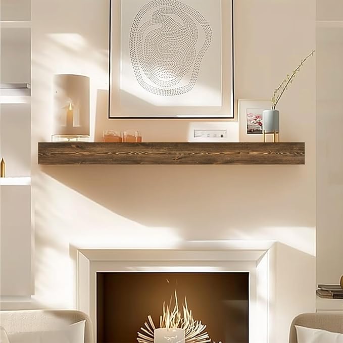 48x8x3 Fireplace Mantel - Handcrafted Hollow Rustic Solid Wood Wall Mounted Floating Shelf with Invisible Heavy Duty Wood Bracket (Weathered Brown)