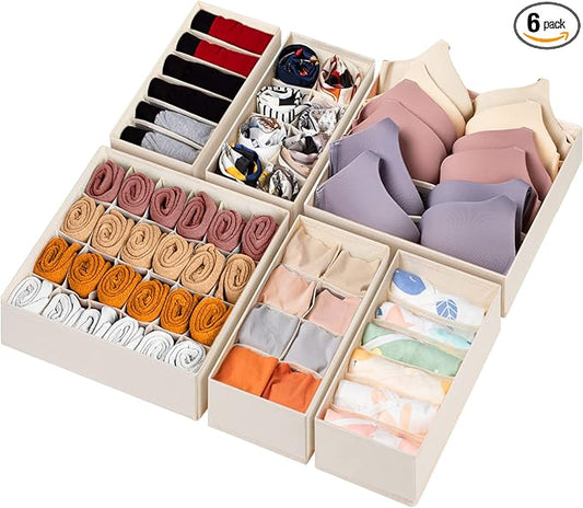 6 Pack Sock Underwear Drawer Organizer Dividers, 58 Cell Foldable Fabric Dresser Closet Organizers and Storage Bins for Clothing, Baby Clothes, Bra, Panty, Scarf, Ties (Beige)