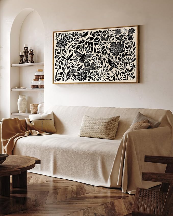 VIYYIEA Framed Canvas Wall Art, Black and White Large Wall Art for Living Room, Print Paintings, Boho Home Office Decor, Bedroom Wall Decor -【Flowers & Birds】-(24"x36")