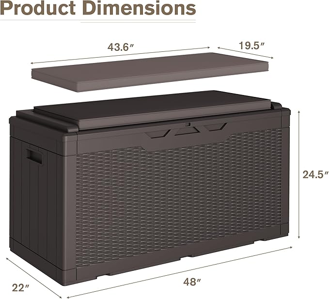 JUMMICO 100 Gallon Resin Deck Box with Cushion, Waterproof Outdoor Storage Box with Lockable Lid for Garden Tools, Patio Cushions (Brown)