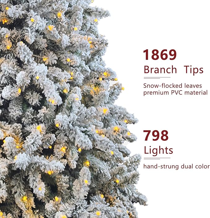 7.5ft Pre-lit Artificial Snow Flocked Christmas Tree with Quick Power Connect, 798 Warm White & Multi-Color LED Lights, and 1869 Branch Tips – Easy 3-Minute Setup Pencil Xmas Tree