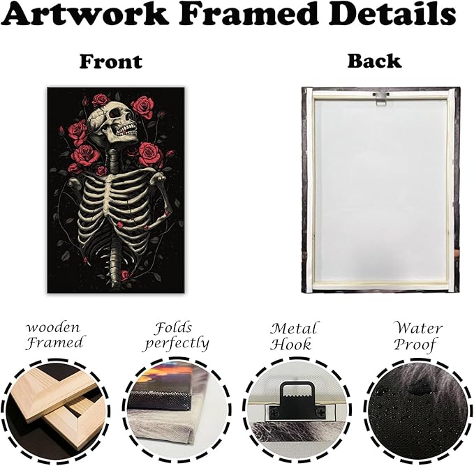 OAAPITI Gothic Skull Wall Art Skeleton and Roses Canvas Pictures Print Vibrant Dark Art Decor for Bedroom Living Room Bathroom(Artwork-6,16"x24")
