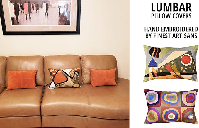 Lumbar Modern Pillow Cover - Kandinsky in Flow Burnt Orange Abstract Farmhouse Pillowcase Modern Chair Cushion Contemporary Outdoor Cushions Hand Embroidered Wool Size 14x20