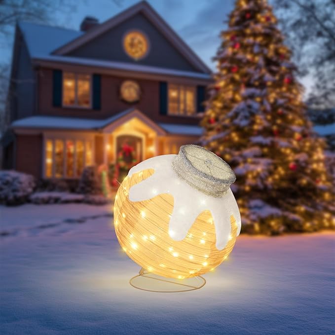 BRIGHTDECK Outdoor Christmas Ornaments, Lighted Pop-Up Outdoor Holiday Ball Decoration with 80 LED Lights, 8 Light Modes, Lighted Collapsible Holiday Decorations for Yard, Home(Beige)