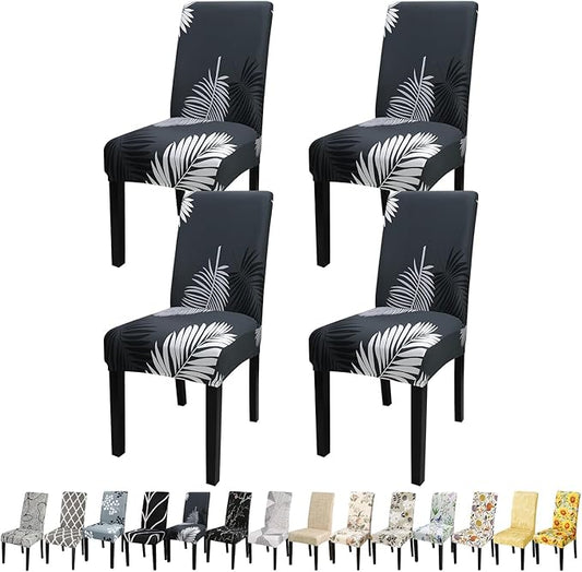 JQinHome Pattern Chair Covers for Dining Room Set of 4, High Stretch Removable Washable Parsons Chair Slipcover for Home Party Hotel Wedding Ceremony (Plume Black,4PCS)