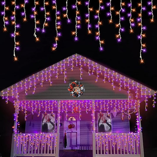 QITONG Orange and Purple Halloween Lights Outdoor, 33ft 400 LED Icicle Light Indoor Plug in, 8 Modes Connectable String Lights with 80 Drops