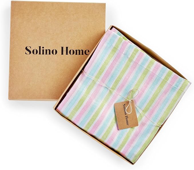 Solino Home Linen Tablecloth 60 x 108 Inch - 100% Pure Linen Multicolor Palm Beach Stripe Table Cloth for Rectangle Tables - Machine Washable Tablecloth