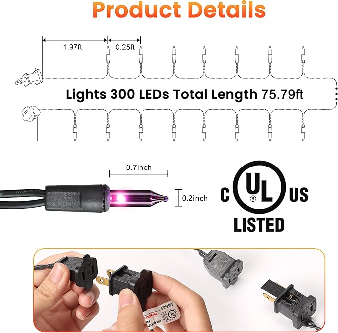 Toodour Purple Halloween Lights, 75ft 300 Count Incandescent Halloween String Lights, UL Certified Connectable Mini Bulbs String Lights for Home, Garden, Porch, Yard, Patio, Party, Indoor Decoration