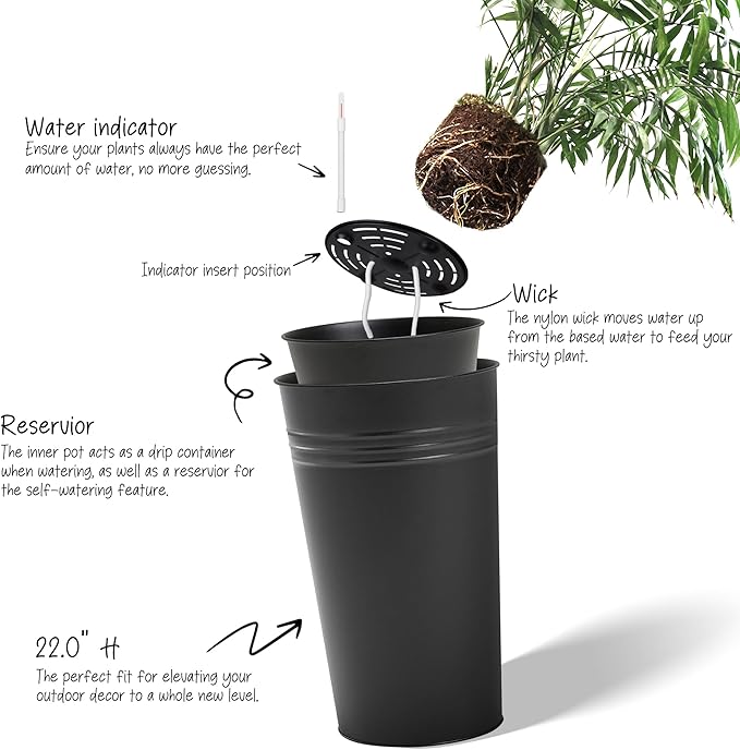 KOL 22''H 2-Pack Planter with Water Level Indicator - Galvanized Steel Pot - Self Watering Planters Flower Pot for Plant - Inner Pot Design - Round Metal Planter Box - Indoor Outdoor Planting - Black