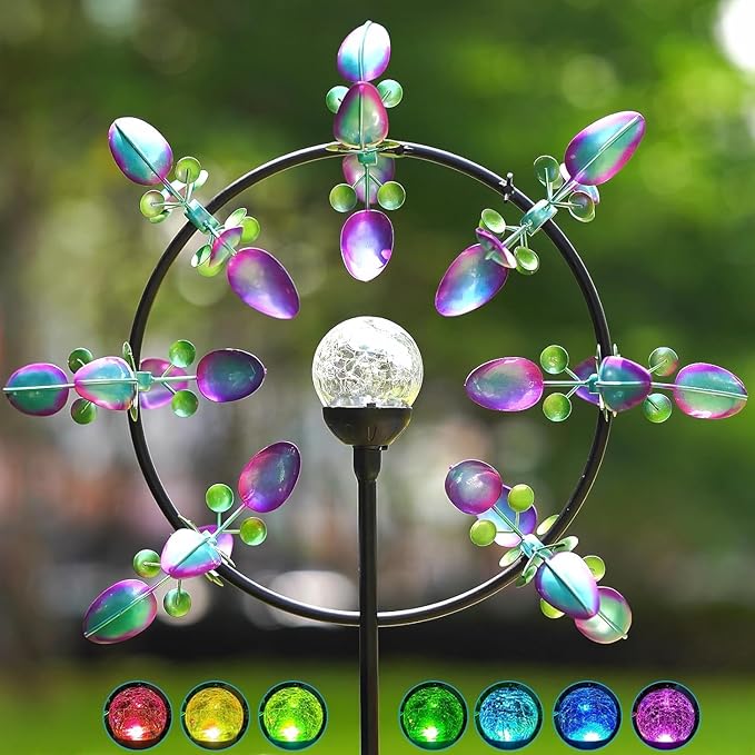 Large Solar Wind Spinners for Yard Art Garden-67 Inch 360° Metal Wind Sculptures Outdoor Clearance Kinetic Windmills with Multi Color Led Glass Ball