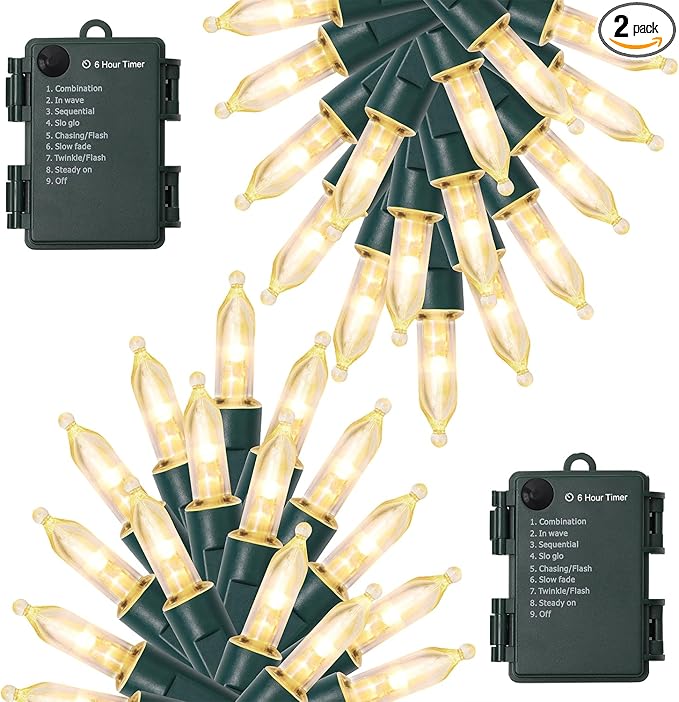 WATERGLIDE 2 Pack 50 LED Outdoor Christmas Lights, 16FT Battery Operated Mini String Lights with 8 Modes & Timer, Xmas Tree Lights Waterproof for Patio Garden Party Wedding Holiday Decor, Warm White