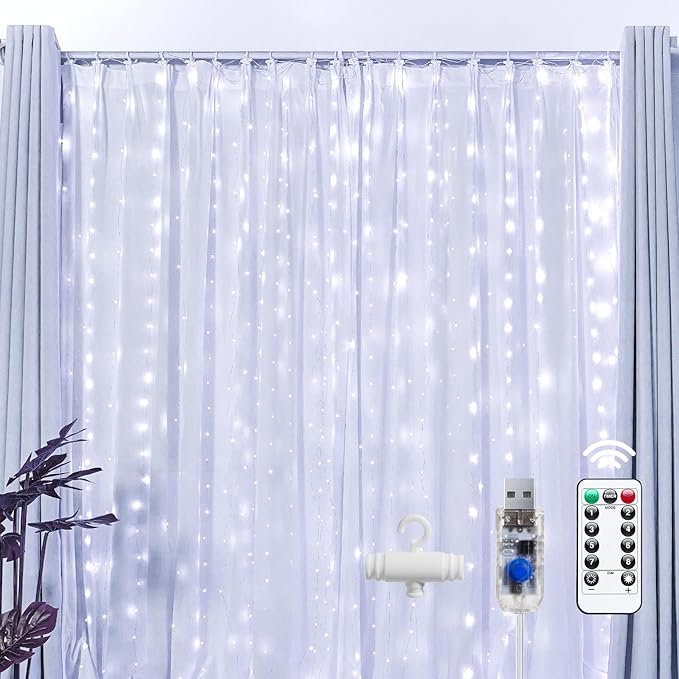 Brightown 300 LED Fairy Curtain Lights, 9.8ft x 9.8ft White Curtain String Lights, Winter Wonderland Decorations, USB Plug 8 Modes LED Christmas String Hanging Lights with Remote for Indoor Outdoor