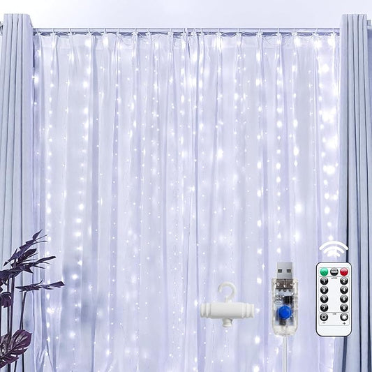 Brightown 300 LED Fairy Curtain Lights, 9.8ft x 9.8ft White Curtain String Lights, Winter Wonderland Decorations, USB Plug 8 Modes LED Christmas String Hanging Lights with Remote for Indoor Outdoor