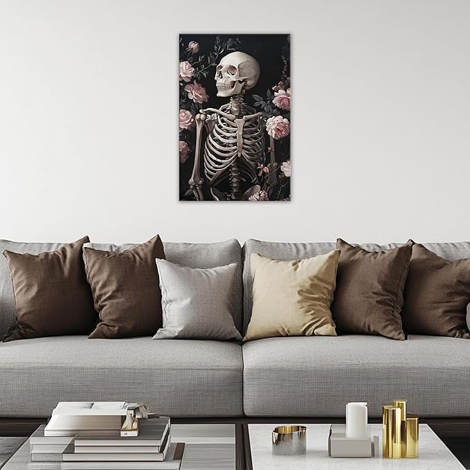 OAAPITI Skull Floral Wall Art Vintage Skeleton Portrait Canvas Print Dark Gothic Skull Art for Living Room Bedroom Home Wall Decor Ready to Hang(Artwork-10,24"x36")