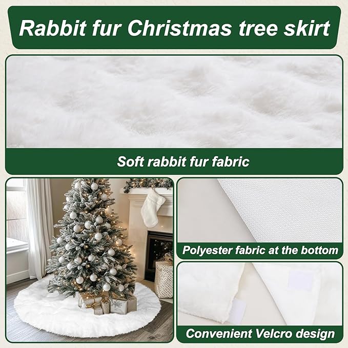 35 Inch Rabbit Fur Christmas Tree Skirt White Plush Skirt for Merry Christmas Party Christmas Tree Decoration