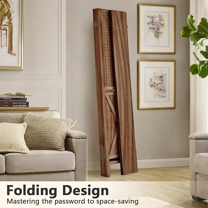 4 Panel Pegboard Display with 16 Hooks, Wooden Pegboard Room Divider Wall with Shelf, Rustic Room Dividers and Folding Privacy Screens, Bedroom, Jewelry Store, Brown