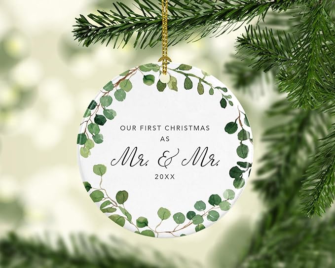 Andaz Press Custom Year Round Ceramic Porcelain Christmas Tree Ornament Keepsake Collectible Gift, Our First Christmas as Mr. & Mr. 2025, Farmhouse Eucalyptus Wreath, 1-PackGay Couple