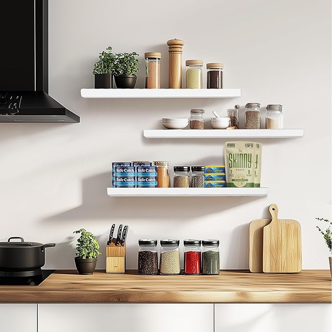 3-Pack Floating Wall Shelves, 24-Inch Rustic White Wooden Shelves for Storage and Décor, Easy Installation for Living Room, Bedroom, and Kitchen