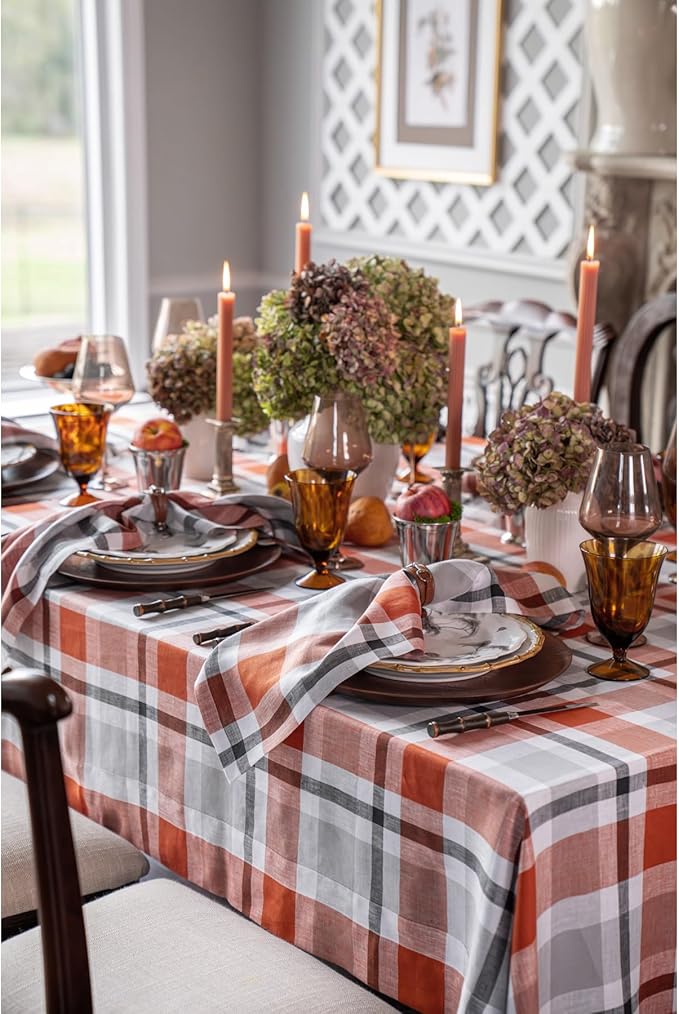 Solino Home Linen Plaid Tablecloth 60 x 120 Inch - 100% Pure Linen Cinnamon Table Cloth for Rectangle Tables - Fall Buffalo Check Machine Washable Tablecloth for Autumn, Halloween, Thanksgiving