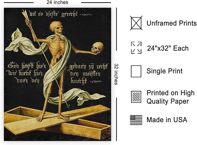 Poster Master Vintage Medieval Poster - Retro Gothic Print - Gift for Artist, Friend - Allegory of Life and Death, Skeleton, Dark, Skull - Wall Decor for Home, Living Room, 24x32 Unframed Wall Art