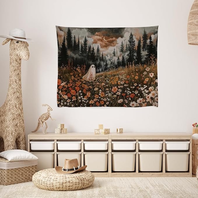 Spooky Fall Forest Art Halloween Tapestry Wall Hanging Cute and Funny Forest Flower Ghost Tapestry for Bedroom Whimsical Dark Academia Aesthetic Tapestries for Home Living Room Decor 60x80inch