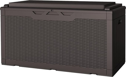 JUMMICO 100 Gallon Resin Deck Box with Cushion, Waterproof Outdoor Storage Box with Lockable Lid for Garden Tools, Patio Cushions (Brown)