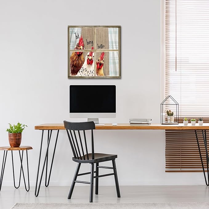 Visual Art Decor Rooster Decor Funny Chicken Picture Wall Decor Rustic Farmhouse Window Painting Framed 24x24 inch, Rustic Country Front Door Welcome Sign