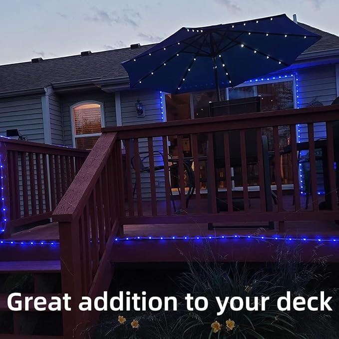 YEGUO 2 Packs Each 33ft 100 LED Solar Rope Lights Outdoor Waterproof, Solar Pool Light Blue, 8 Modes Solar Fairy Lights in Clear Thin Tube Outside for Camping Fence Patio Garden Trampoline Deck