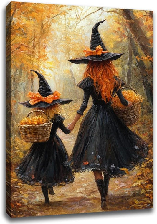 Mother Witch And Child Daughter Witch Wall Art,Halloween Autumn Woodland Forest Path Picture,Family Room Nursery Playroom Kids Room Decor,24"x36" Framed