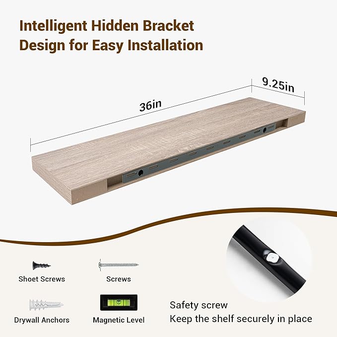 36 Inch Floating Shelves, 3D Textured Wood Grain, 36"x9.25"x1.5" Inch Deep Floating Shelves for Wall, Wooden Shelves for Bathroom, Bedroom, Living Room, Vintage White Oak