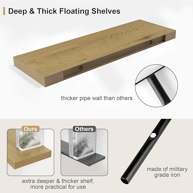 12" Deep Bathroom Floating Shelves for Wall Shelf Over Toilet Wall Mounted Farmhouse Long 55 inches Set of 1, Farmhouse Shelves with Invisible Brackets for Living Room, Kitchen, Bedroom,Oak