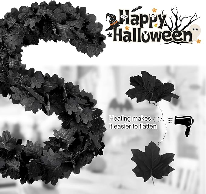 Joyhalo 8 Pack 5.7FT Black Maple Leaf Garland,Halloween Artificial Hanging Black Vines,Halloween Outdoor Garland for Mantle,Door Frame,Fireplace and Thanksgiving Decor