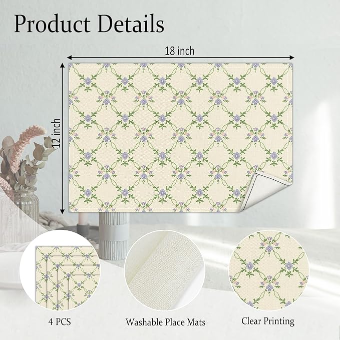 Floral Placemats Set of 4, Greenery Table Mat for Home Kitchen, Restaurants, Outdoor Linen Washable Place Mats 12x18 inch Party Event Dining Decoration-02