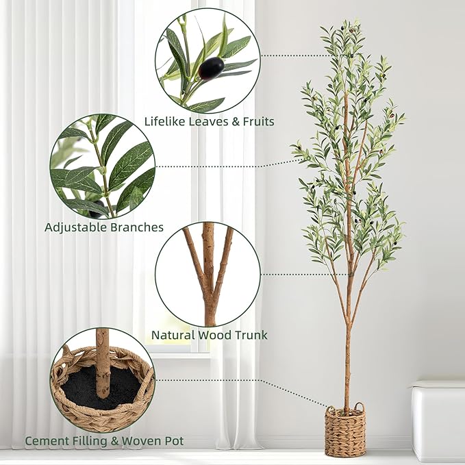 7ft Artificial Olive Tree with LED Fairy Lights & Woven Planter - Lifelike Faux Silk Plant with Realistic Leaves & Fruits and Natural Trunk for Indoor Home Office Living Room Bedroom Foyer Decor