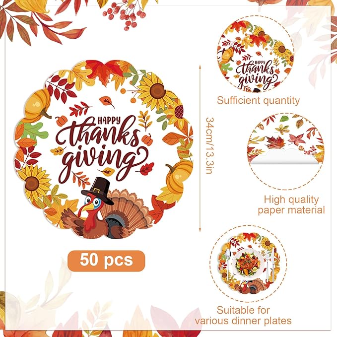 50Pcs Thanksgiving Fall Round Paper Placemats,13.4 Inch Pumpkin Turkey Disposable Placemats Autumn Maple Leaves Round Table Mats for Harvest Birthday Thanksgiving Party Supplies