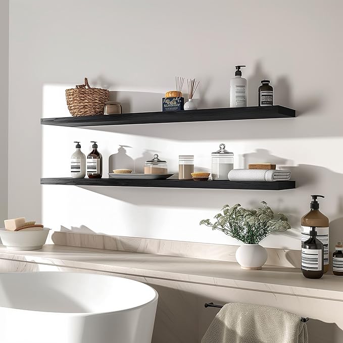 Wood Floating Shelves for Wall Decor, Rustic Wall Shelves for Bedroom Bathroom Kitchen Living Room, Set of 4 Black 48 Inch