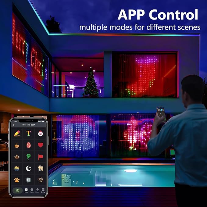 Amposei Smart Curtain Lights, Smart LED Curtain String Lights Outdoor, 540 LEDs Christmas Lights, Dynamic DIY Light, Music Sync Color Changing Fairy Lights with APP Remote Control for Backdrop Bedroom