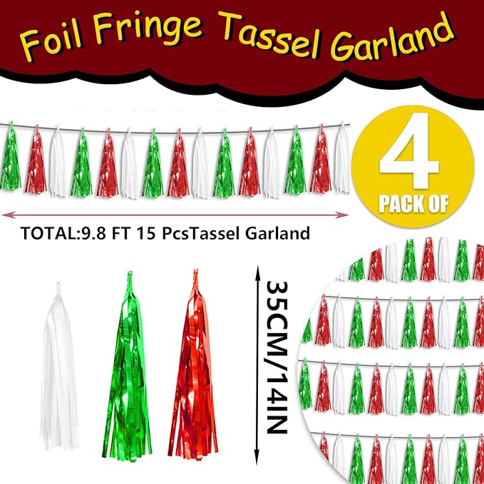 4P Red Green White Foil Fringe Metallic Tassel Streamers Banner Tassel Garland for Parade Floats, Graduation, Wedding, Birthday, Halloween, Christmas, Mexican Italian Birthday Party Decorations