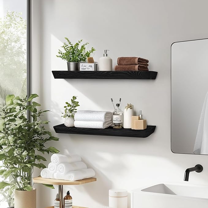 24"x6.8"x1.6" Slanted Floating Wall Shelves 2-Pack - Rustic Black Finish, Heavy-Duty Solid Wood Design with Hidden Brackets - Perfect for Living Room, Kitchen, Bathroom, or Office