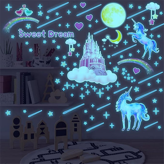 Glow in The Dark Unicorn Castle Wall Decals,Peel and Stick Colorful Unicorn Wall Stickers with Moon Stars Sweet Dream Wall Art for Girls Kids Bedroom Nursery Party Home Decor(Blu-ray)