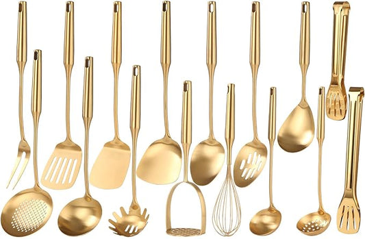 Gold Cooking Utensils Set - 18/10 Stainless Steel Large and Small Spoons Set, 16 PCS All Metal Kitchen Tools, Serving Utensils - Whisk, Masher, Fork, Tongs, Spatula, Ladle, Skimmer, Turner, Pasta