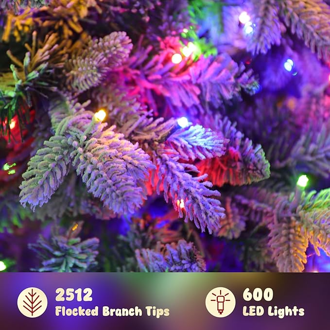 9ft Pre-lit Artificial Christmas Tree with Remote, Snow Flocked Xmas Trees Rotating & Foldable Stand, RGB & Warm White Light for Home Decor