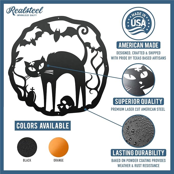 RealSteel Halloween Cat Wreath, 18" Steel, Cottage, Rustic Style, Orange, Wall Decor, Front Door, Living Room, Porch, Haunted House