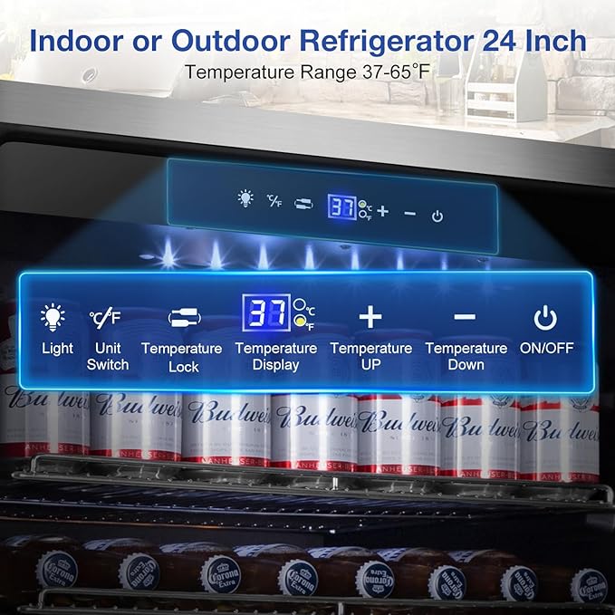 Tylza Outdoor Refrigerator 24 Inch Wide, Stainless Steel Beverage Refrigerator 176 Can for Undercounter Built-in or Freestanding, for Home and Patio, Water Proof, Fast Cooling, Low Noise, 37-65 °F